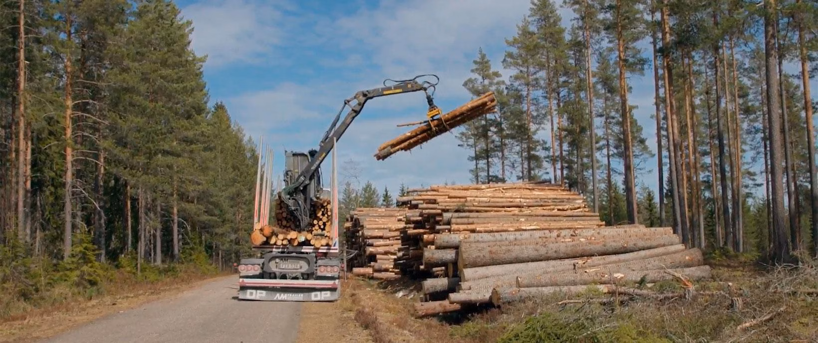 A logging truck on a forest road lifting logs onto the truck with a crane
