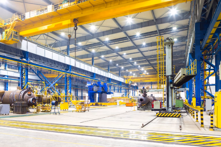 Interior of a large industrial hall with yellow and blue steel structures