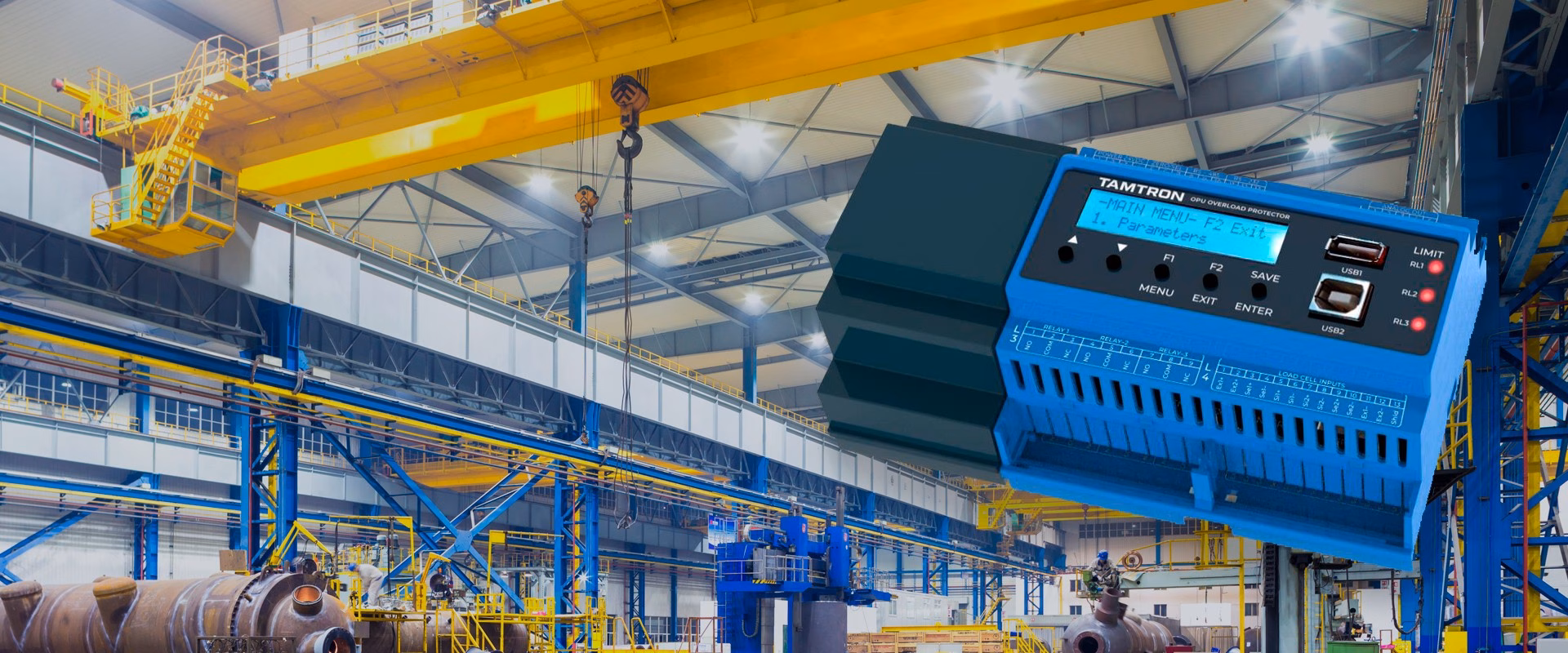 Tamtron OPU overload protection unit, a blue electronic device with LCD screen and relay outputs