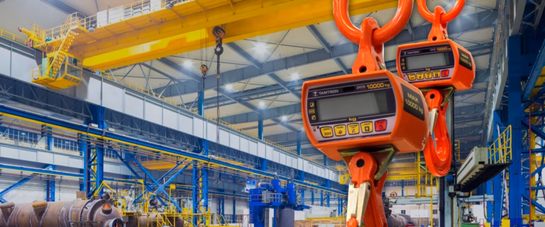 Two orange Tamtron PCS crane scales rated at 10,000 kg suspended from crane hooks