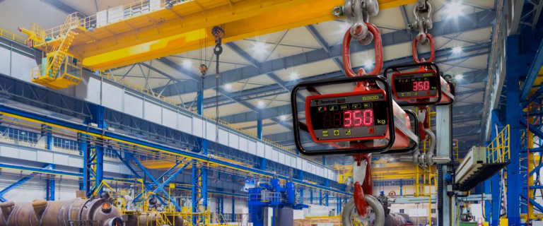 Two red Tamtron SCS crane scales displaying 350 kg reading, suspended from crane hooks
