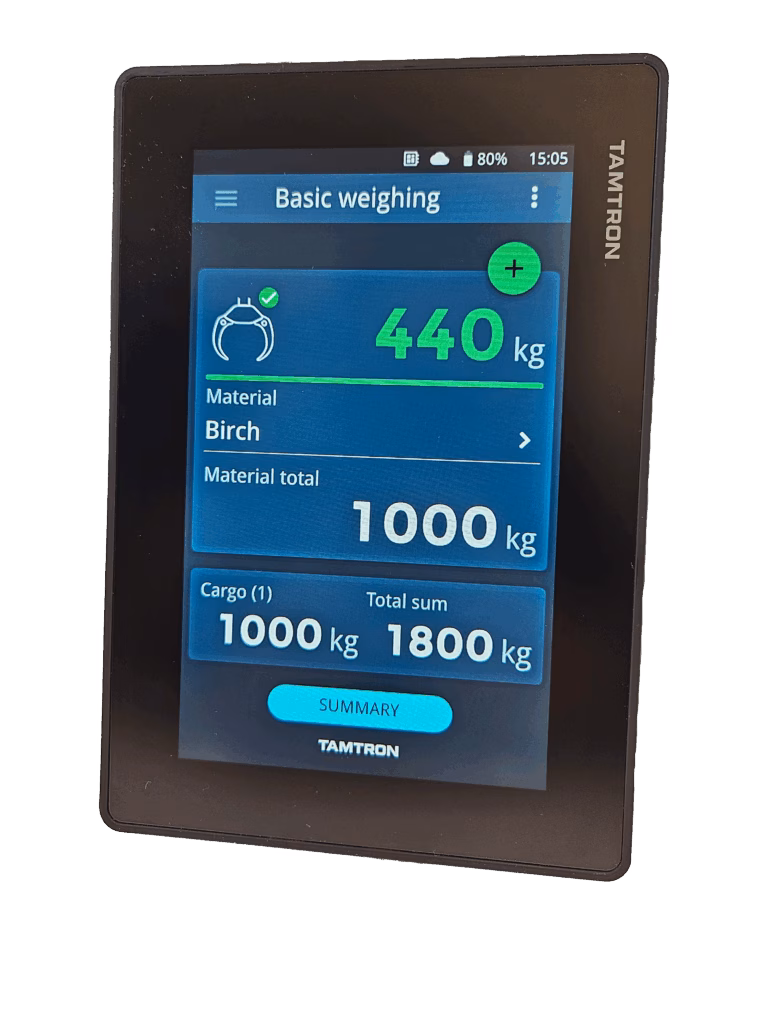 Tamtron One Timber weighing system display showing material weight and totals