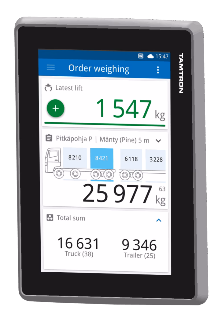 Tamtron One Timber weighing system display showing the user interface