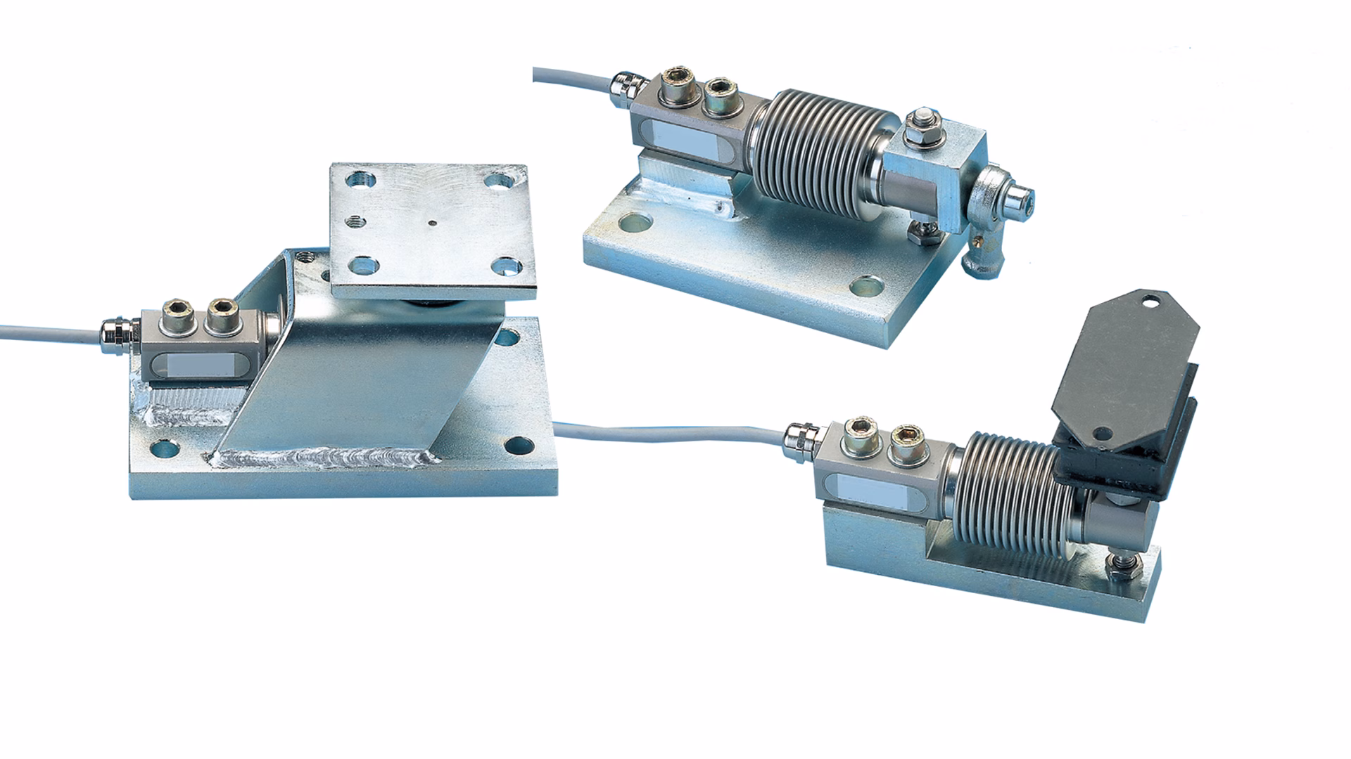 Metal mounting kit components for weighing equipment on a white background