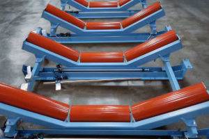 Two-roller belt scales with a blue frame and red rollers