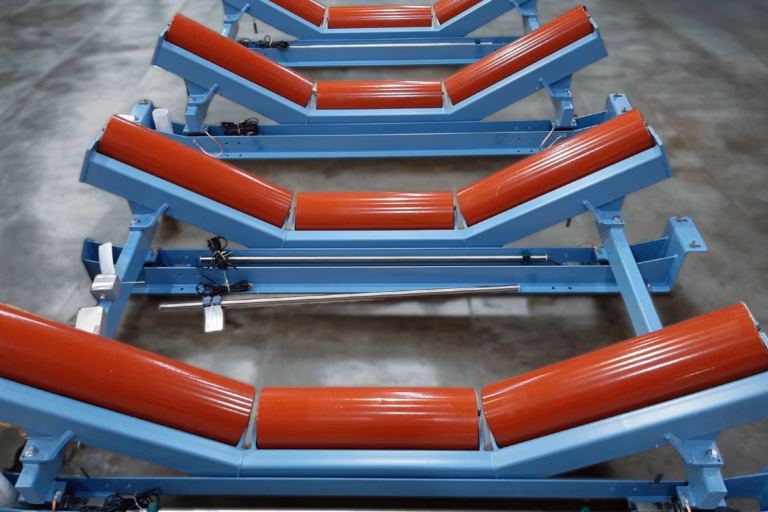 Two-roller belt scales with a blue frame and red rollers